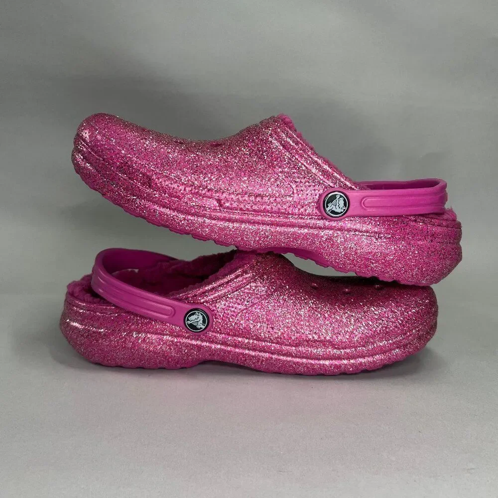Crocs Pink Glitter Shoes Girl's Size 6 Insulated Lined‎ Slip On Clog Sandals
